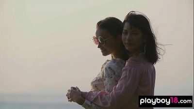Petite lesbian asian teen Cara Pin and naked Czech GF watching the sunset